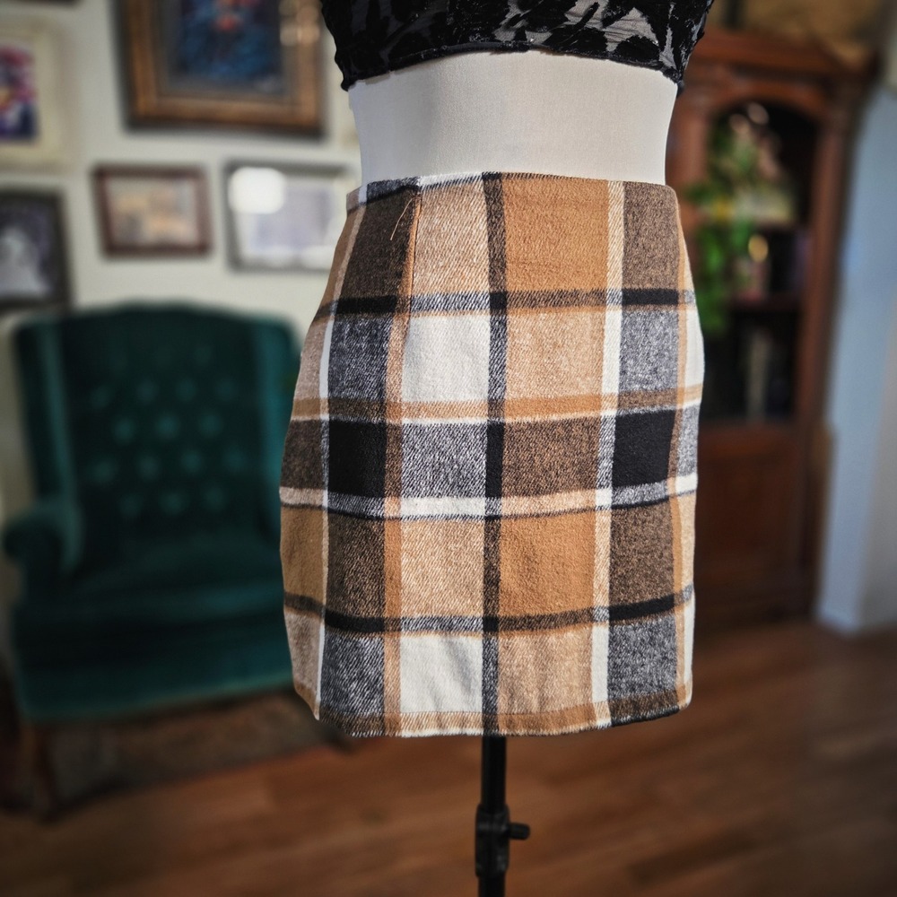 III Tan Brown Plaid Wool Blend‎ Mini Skirt XL High Waisted Checkered Lined